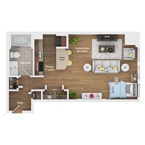 Floor plan for studio, 1 bath, 600 sqft