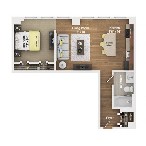 Floor plan for 1 bed, 1 bath, 700 sqft