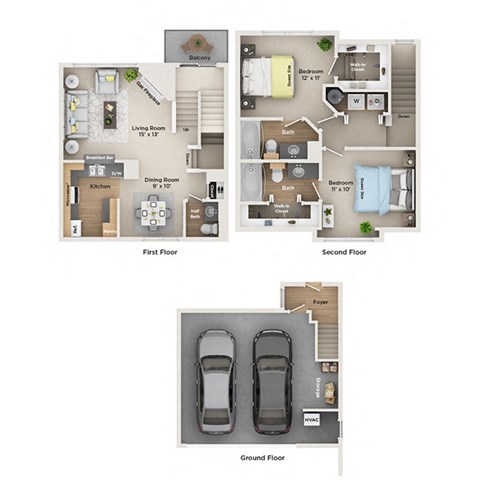 Floor plan for 2 beds, 2.5 baths, 1212 sqft