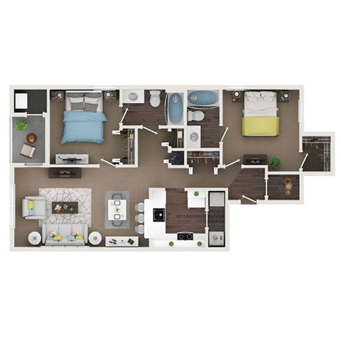 Floor plan for 2 beds, 2 baths, 982 sqft