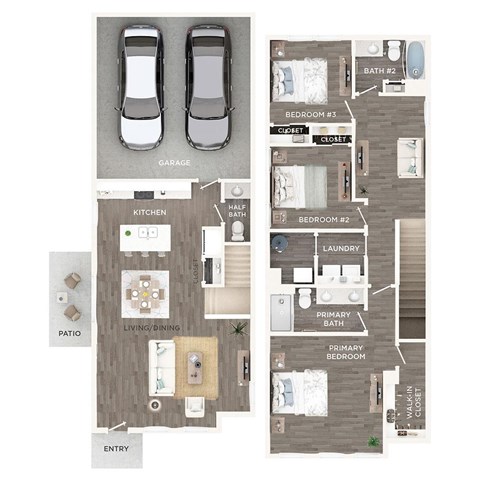Floor plan for 3 beds, 2.5 baths, 1598 sqft