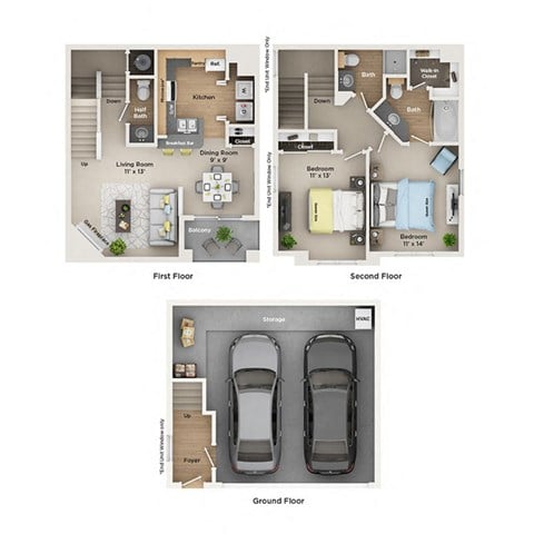 Floor plan for 2 beds, 2.5 baths, 1208 sqft