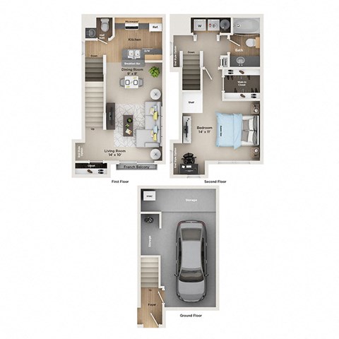 Floor plan for 1 bed, 1.5 baths, 883 sqft