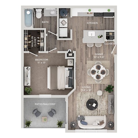 Floor plan for 1 bed, 1 bath, 670 sqft