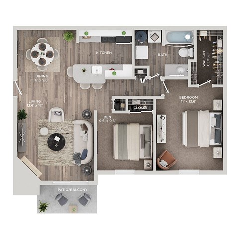 Floor plan for 1 bed, 1 bath, 850 sqft