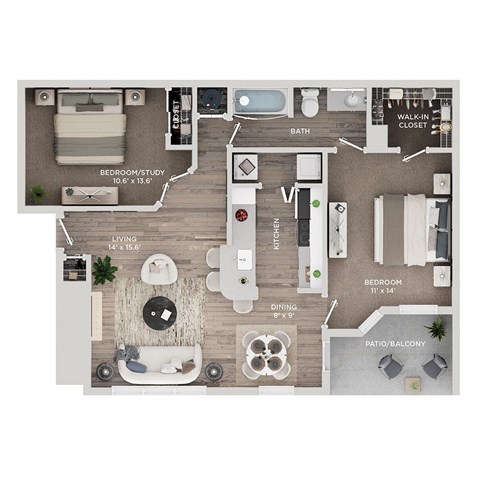 Floor plan for 2 beds, 1 bath, 900 sqft