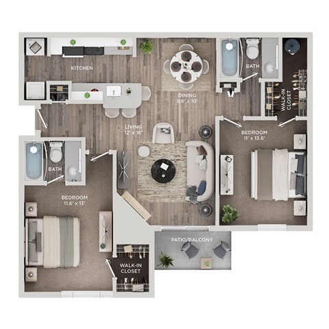 Floor plan for 2 beds, 2 baths, 980 sqft