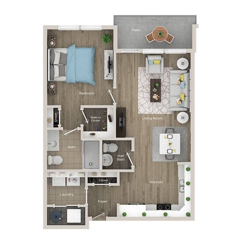 Floor plan for 1 bed, 1.5 baths, 806 sqft