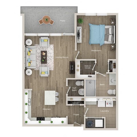 Floor plan for 1 bed, 1.5 baths, 854 sqft