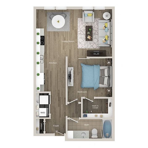 Floor plan for 1 bed, 1 bath, 704 sqft
