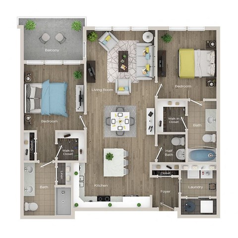 Floor plan for 2 beds, 2.5 baths, 1155 sqft