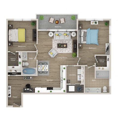 Floor plan for 2 beds, 2 baths, 1091 sqft