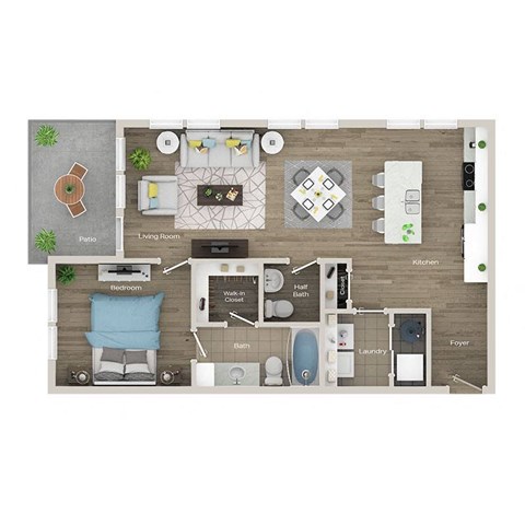 Floor plan for 1 bed, 1.5 baths, 984 sqft