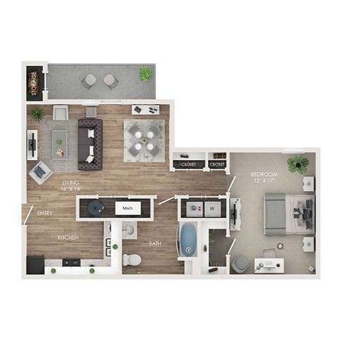 Floor plan for 1 bed, 1 bath, 900 sqft