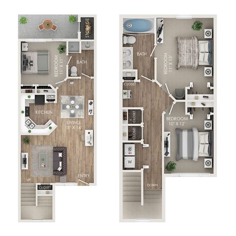 Floor plan for 3 beds, 2 baths, 1369 sqft