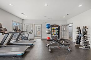 Chattanooga apartment for rent - A spacious home gym with treadmills, exercise balls, and dumbbells.