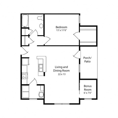 Floor plan for 1 bed, 1 bath, 803 sqft