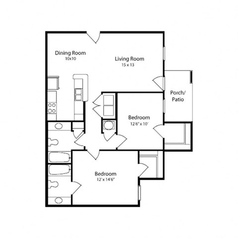 Floor plan for 2 beds, 2 baths, 963 sqft