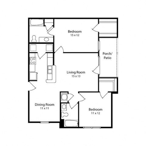 Floor plan for 2 beds, 2 baths, 1009 sqft