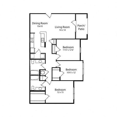 Floor plan for 3 beds, 2 baths, 1252 sqft