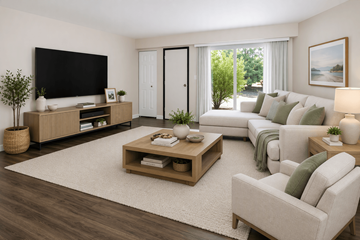 Ann Arbor apartment for rent - A living room with a white sofa, a wooden coffee table, and a flat-screen TV mounted on the wall.