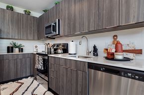 Ann Arbor apartment for rent - A modern kitchen with dark wood cabinets and stainless steel appliances.