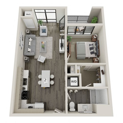 Floor plan for 1 bed, 1 bath, 628 sqft