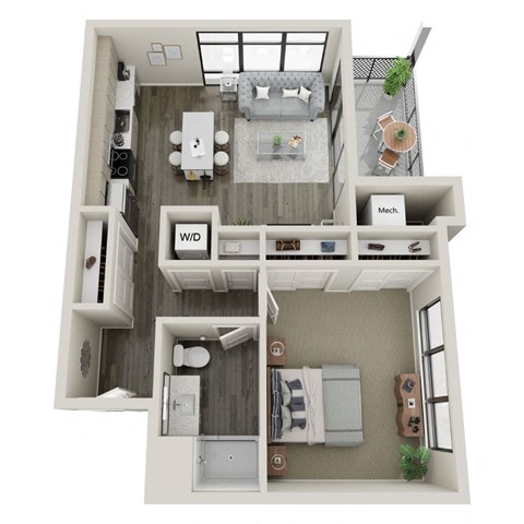 Floor plan for 1 bed, 1 bath, 679 sqft