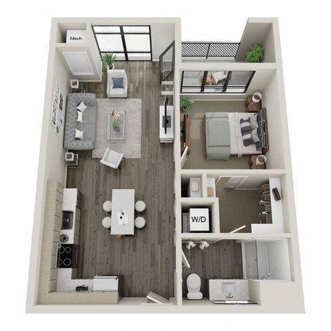 Floor plan for 1 bed, 1 bath, 728 sqft
