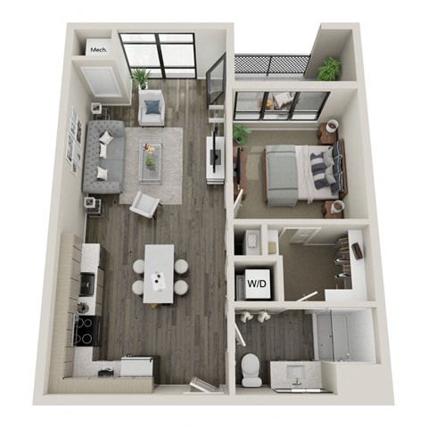 Floor plan for 1 bed, 1 bath, 728 sqft