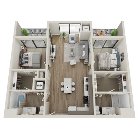 Floor plan for 2 beds, 2 baths, 992 sqft