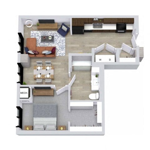 Floor plan for 1 bed, 1 bath, 727 sqft