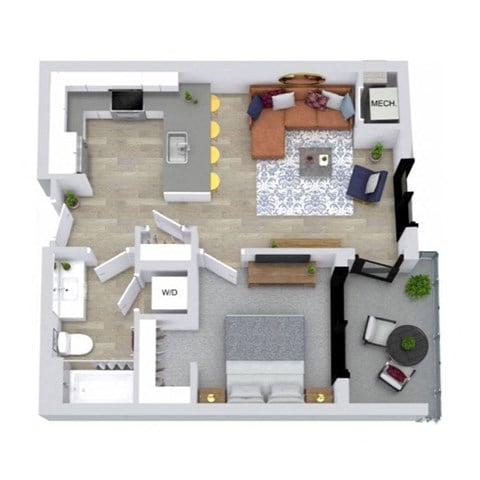 Floor plan for 1 bed, 1 bath, 731 sqft
