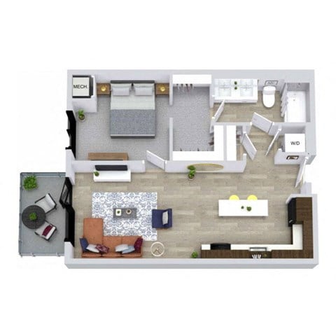 Floor plan for 1 bed, 1 bath, 748 sqft