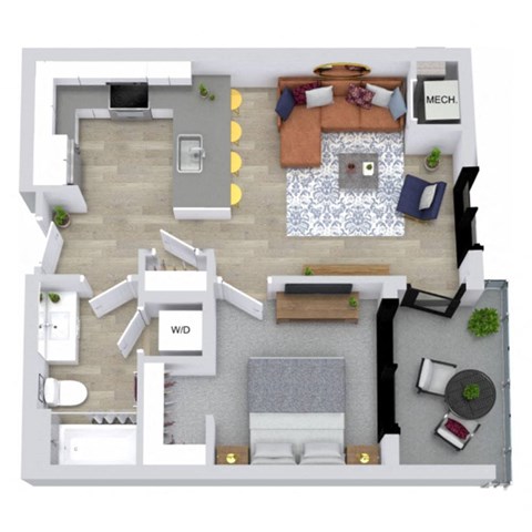 Floor plan for 1 bed, 1 bath, 627 sqft