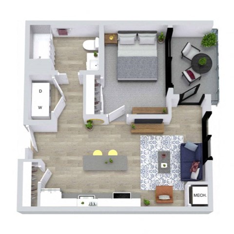 Floor plan for 1 bed, 1 bath, 657 sqft