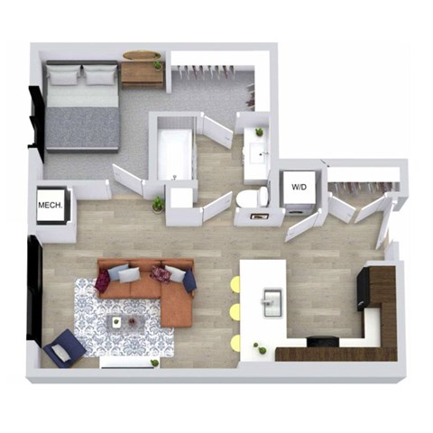 Floor plan for 1 bed, 1 bath, 674 sqft