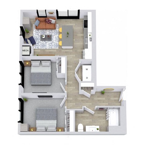 Floor plan for 2 beds, 1 bath, 843 sqft