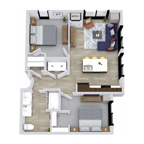Floor plan for 2 beds, 1 bath, 859 sqft