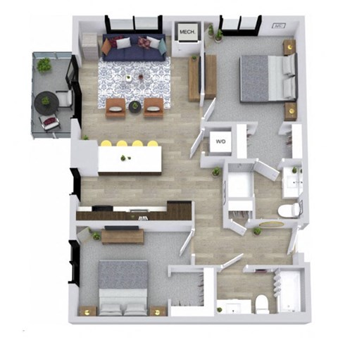 Floor plan for 2 beds, 2 baths, 959 sqft