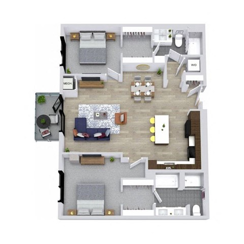 Floor plan for 2 beds, 2 baths, 1285 sqft