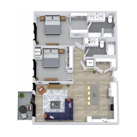 Floor plan for 2 beds, 2 baths, 1292 sqft