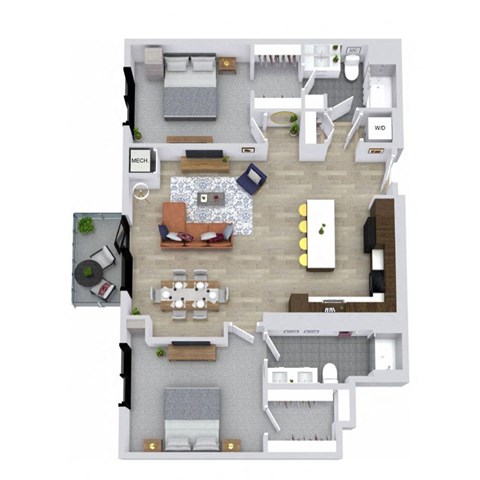 Floor plan for 2 beds, 2 baths, 1387 sqft