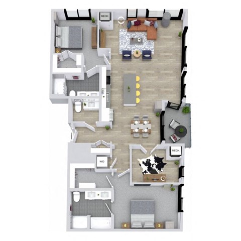 Floor plan for 2 beds, 2.5 baths, 1630 sqft