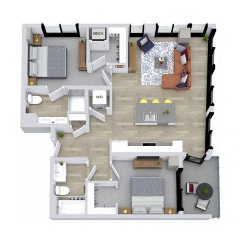 Floor plan for 2 beds, 2 baths, 1055 sqft