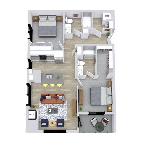 Floor plan for 2 beds, 2 baths, 1062 sqft