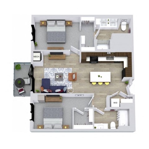 Floor plan for 2 beds, 2 baths, 1075 sqft