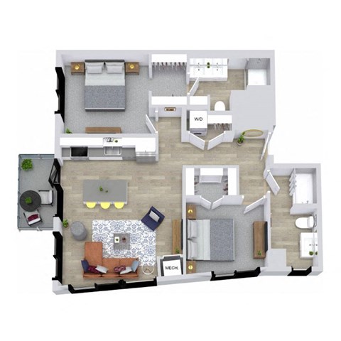 Floor plan for 2 beds, 2 baths, 1080 sqft