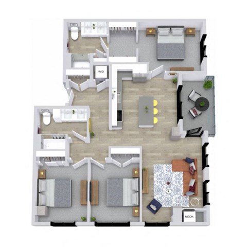 Floor plan for 3 beds, 2 baths, 1413 sqft