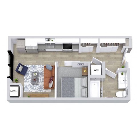Floor plan for studio, 1 bath, 496 sqft